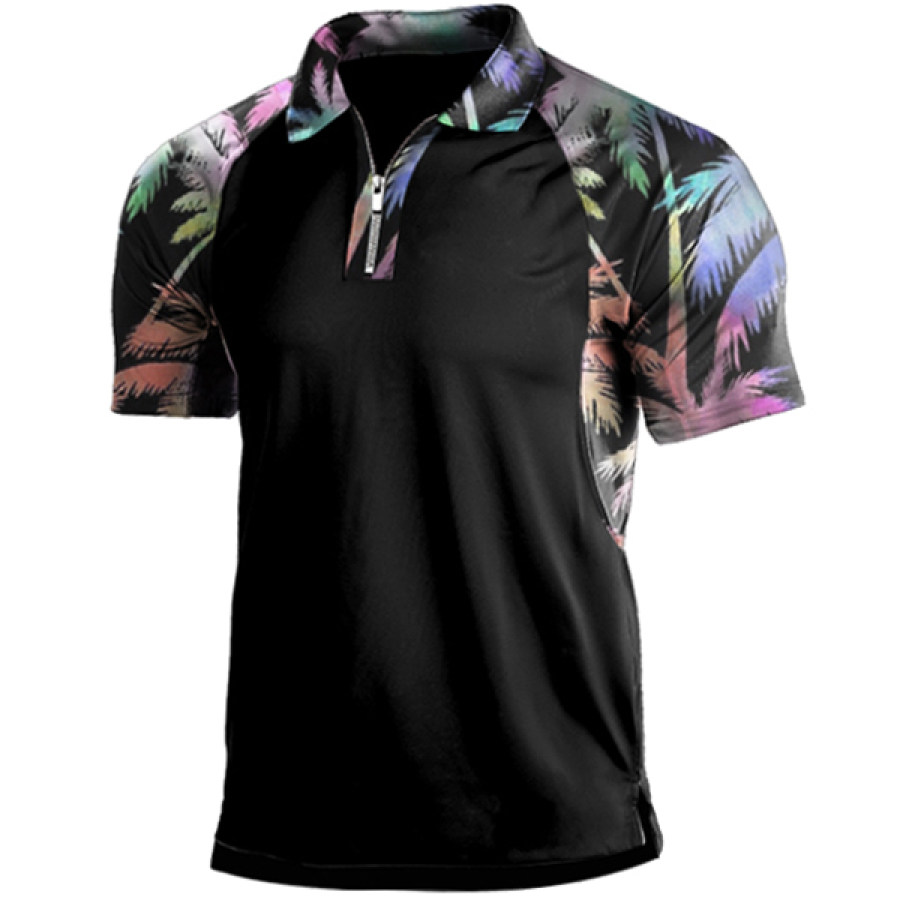 

Men's Hawaiian Beach Style Print Panel Zip Polo Shirt