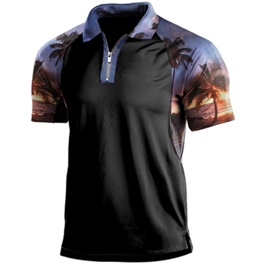 

Men's Hawaiian Beach Style Print Panel Zip Polo Shirt