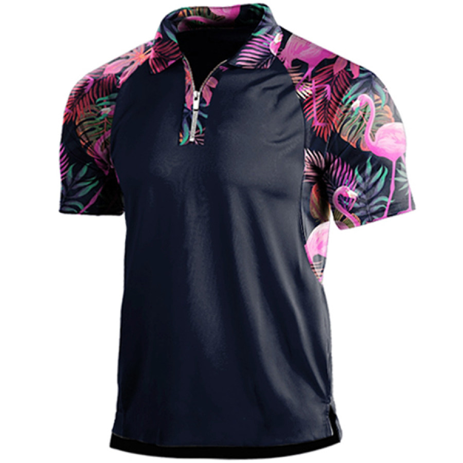 

Men's Hawaiian Beach Style Print Panel Zip Polo Shirt
