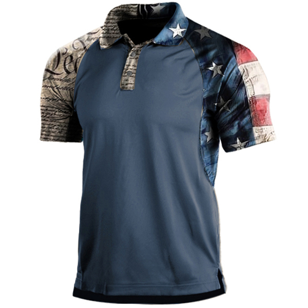 Men's Navy Flag Print Chic Panel Zip Polo Shirt