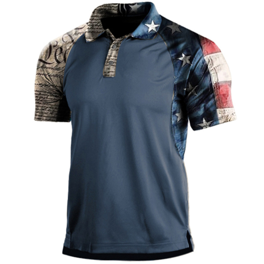 

Men's Navy Flag Print Panel Zip Polo Shirt