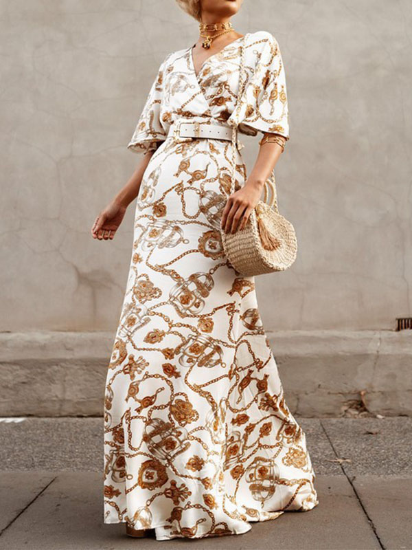 Ladies Elegant Print V Neck Dress