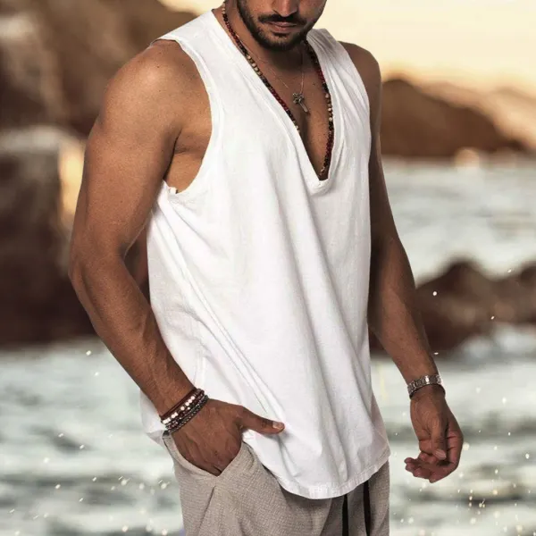 Men's Seaside Beach Oversized Casual Stretch Breathable V-Neck Tank Top T-Shirt - Sanhive.com 
