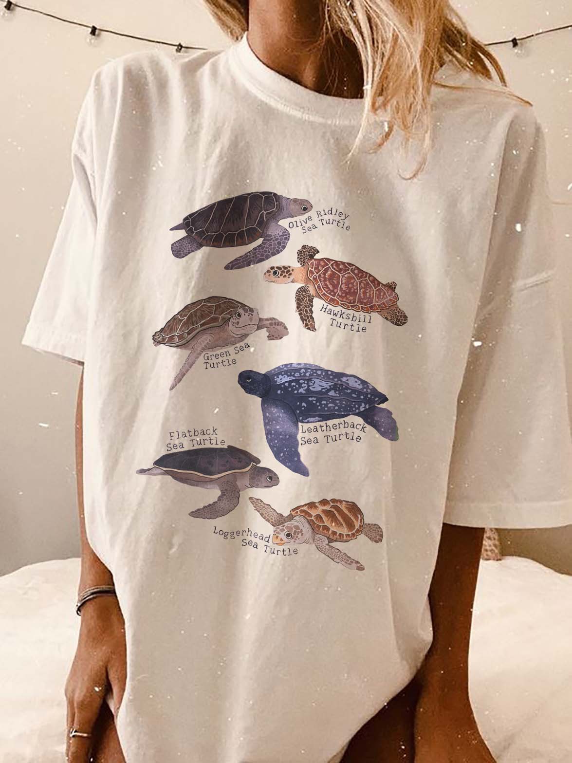 Women's Sea Turtle Marine Chic Life Print Loose T-shirt