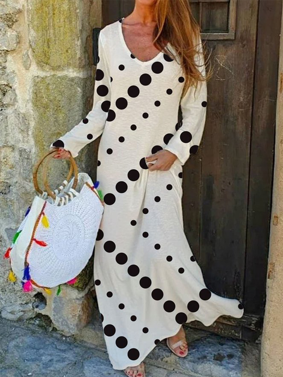 Casual Polka Dots Long Sleeve V Neck Plus Size Printed Dress