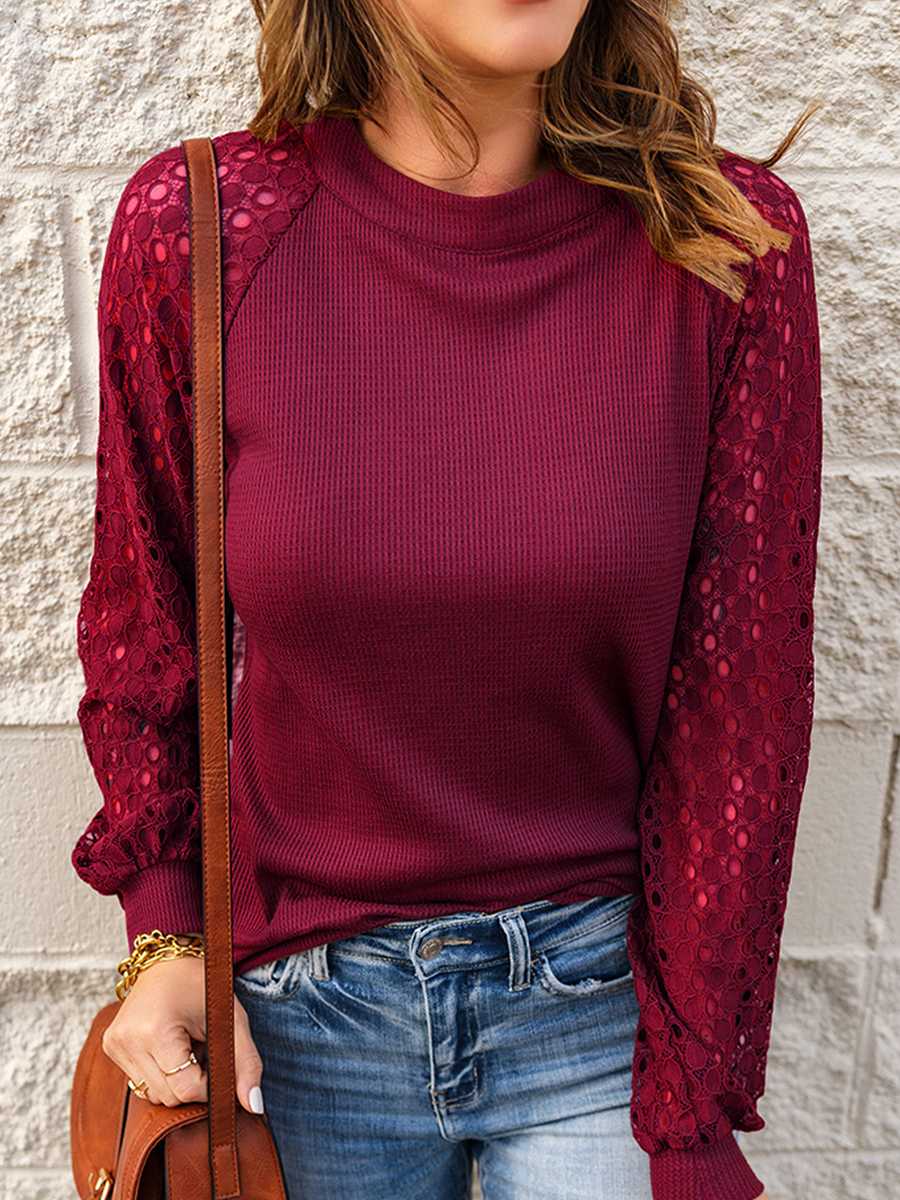 Fall Crew Neck Waffle Lace Panel Knit T Shirt