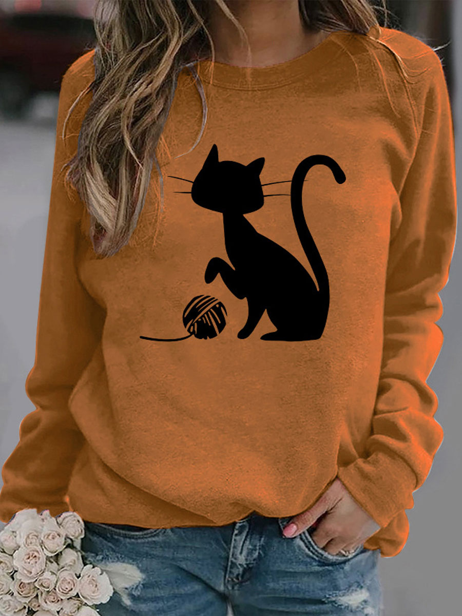 Round Neck Casual Loose Cat Print Sweatshirt