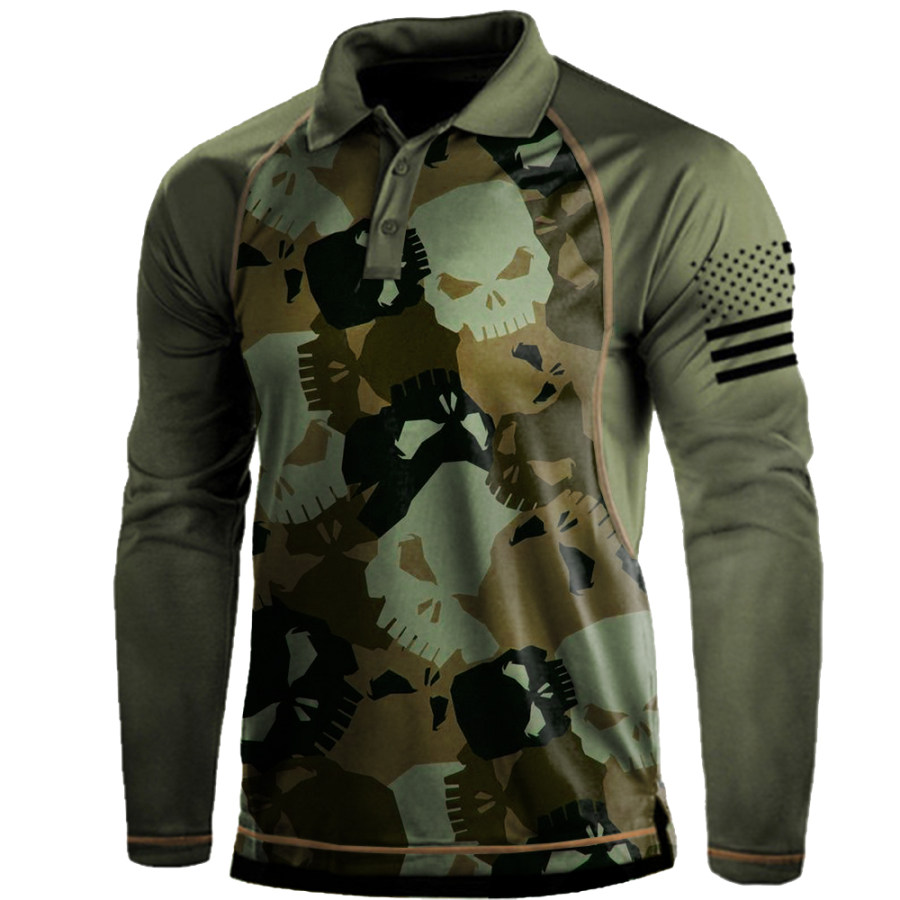 

Men's Pirate Skull Print Long Sleeve Polo T-Shirt