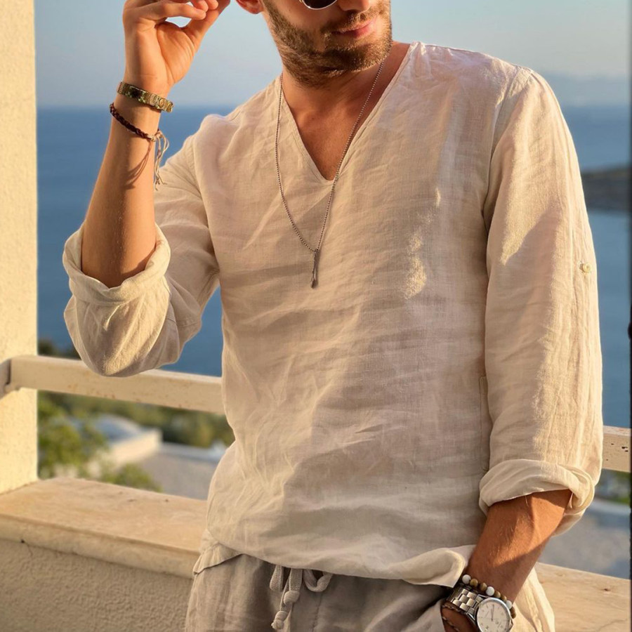 

Men's Retro Casual Linen Shirt Outdoor Breathable V-Neck T-Shirt