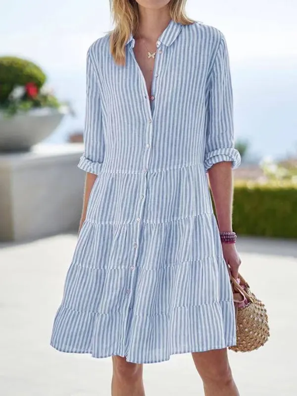 Fashion Casual Striped Lapel Long Sleeve Short Dress - Minicousa.com 