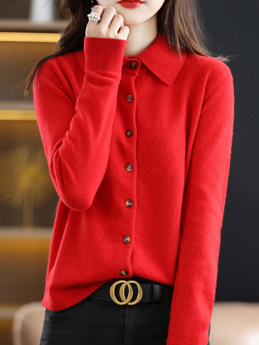 Spring/Fall Lapel Knitted Long Sleeve Sweater
