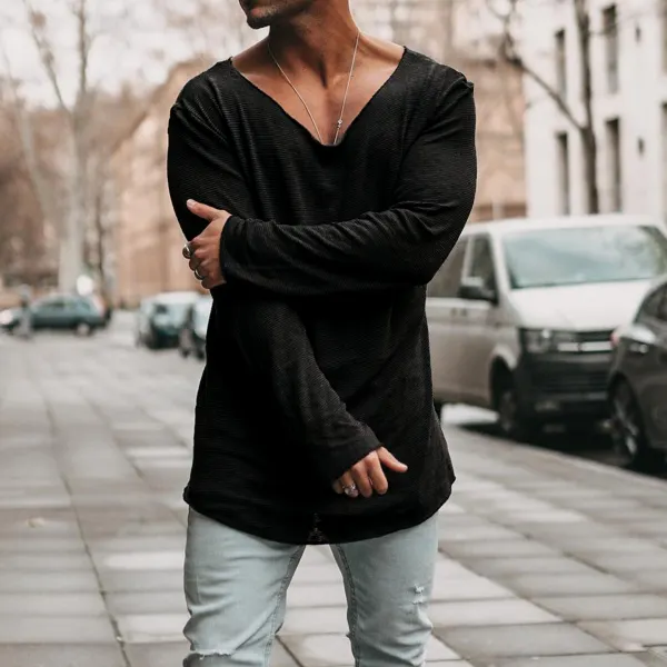 Men's Breathable Long Sleeve Wide Collar Long Sleeve Casual T-Shirt - Menilyshop.com 