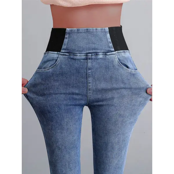 Elasticity Waist Loose Plain Denim Jeans - Spiretime.com 