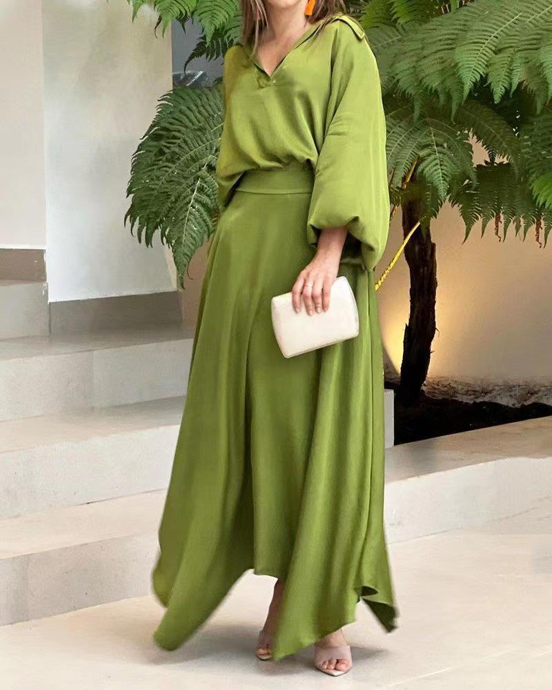 Women's Loose Plus Size Solid Color Long Sleeve Top Long Skirt Set