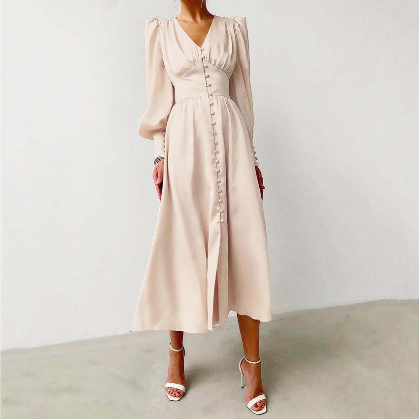 Women's Satin Balloon Sleeve Nipped Waist Slim Dress
