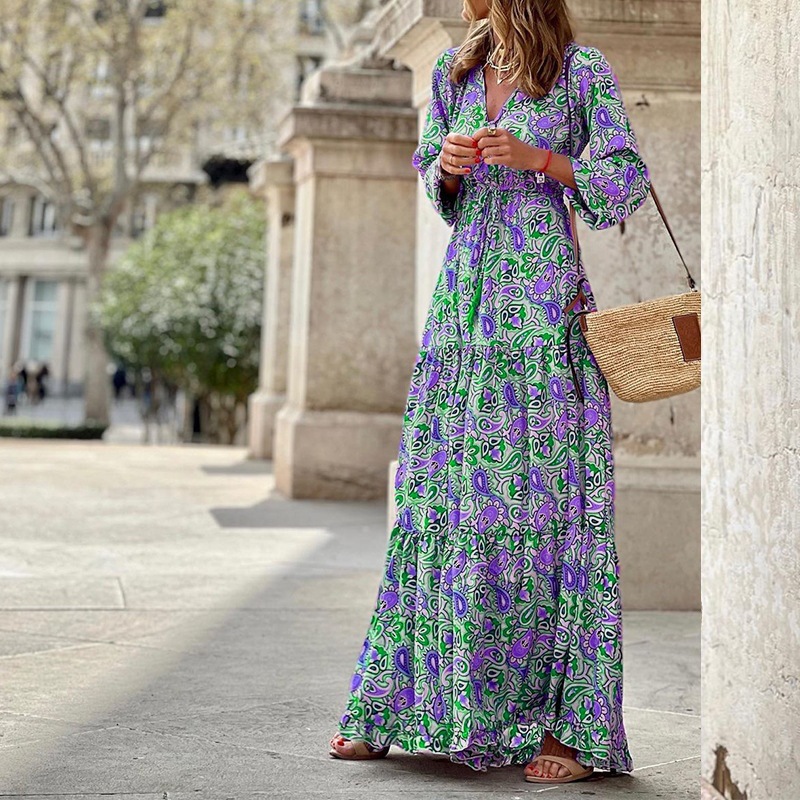 Women's Elegance V Neck Boho Print Swing Dress