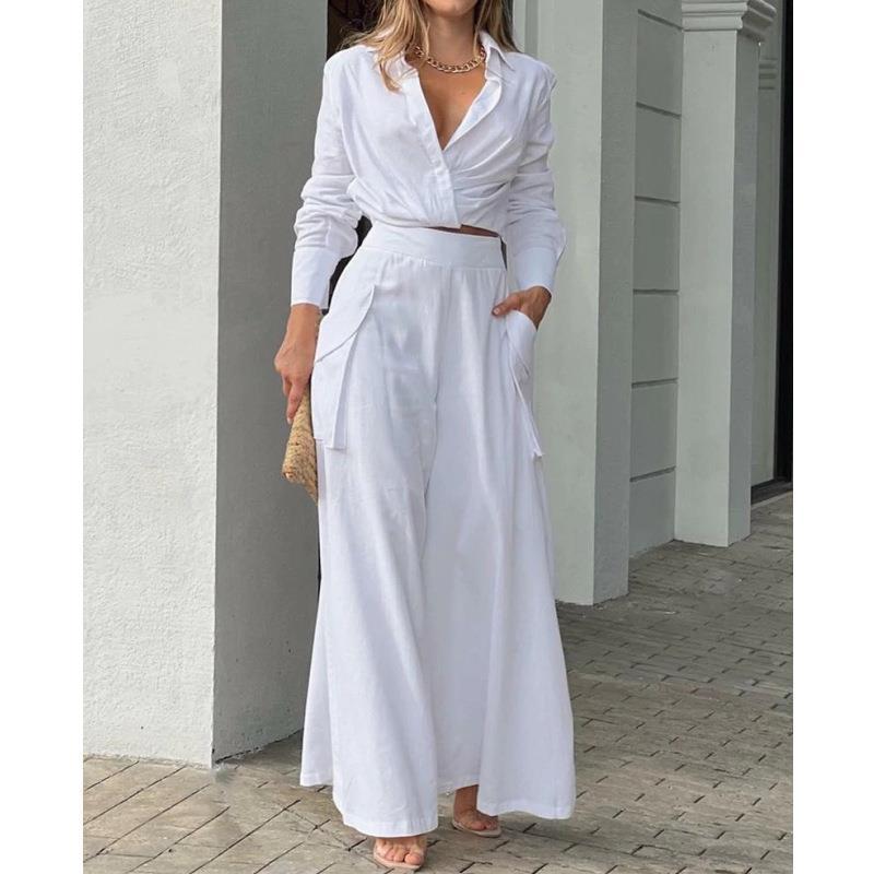 Women's Short Long Sleeve Shirt Wide Leg Pants Two Piece Set
