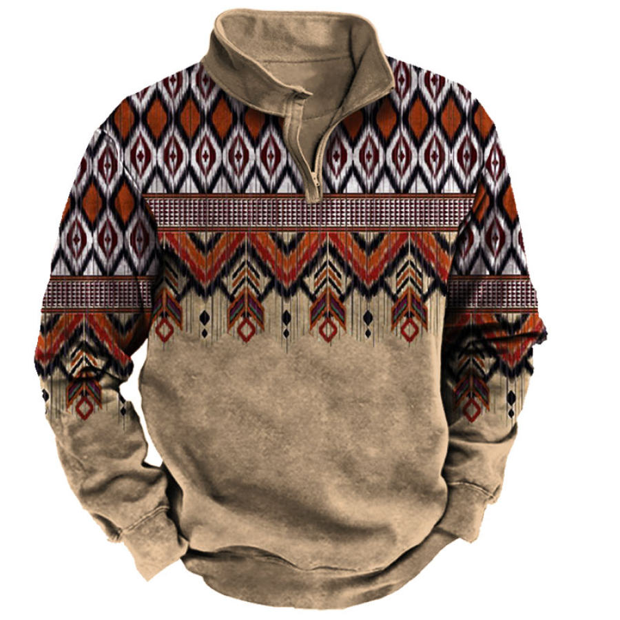 

Men's Vintage Ethnic Graphic Print Half Zip Sweatshirt