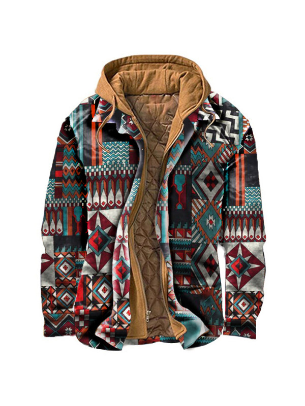 Men's Vintage Ethnic Print Thermal Hooded Casual Jacket