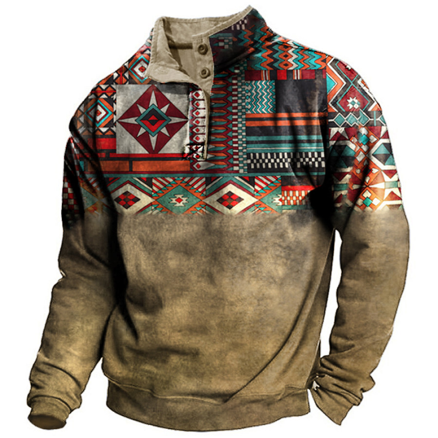 

Men's Vintage Ethnic Gradient Color Stand Collar Button Long Sleeve Sweatshirt