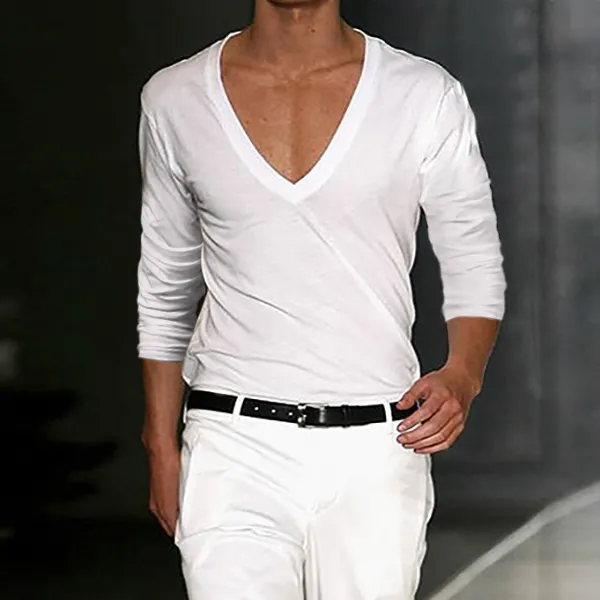 Men's Basic White Deep V-Neck Cotton Long Sleeve T-Shirt - Chrisitina.com 