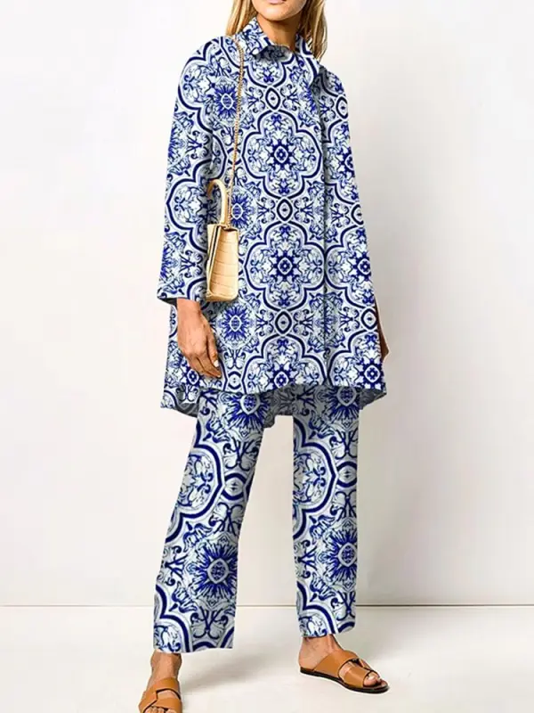 Women's Elegant Retro Blue And White Print Casual Cardigan Suit - Anystylish.com 
