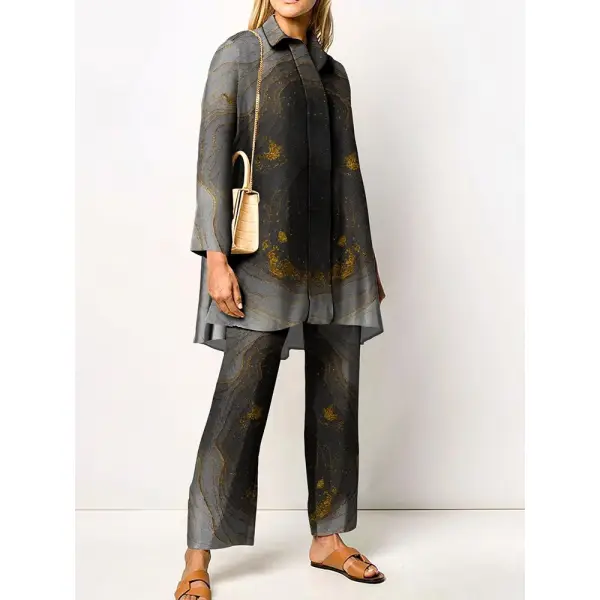 Women's Fashion Elegant Dark Grey Starry Gold Stamping Print Loose Suit - Seeklit.com 