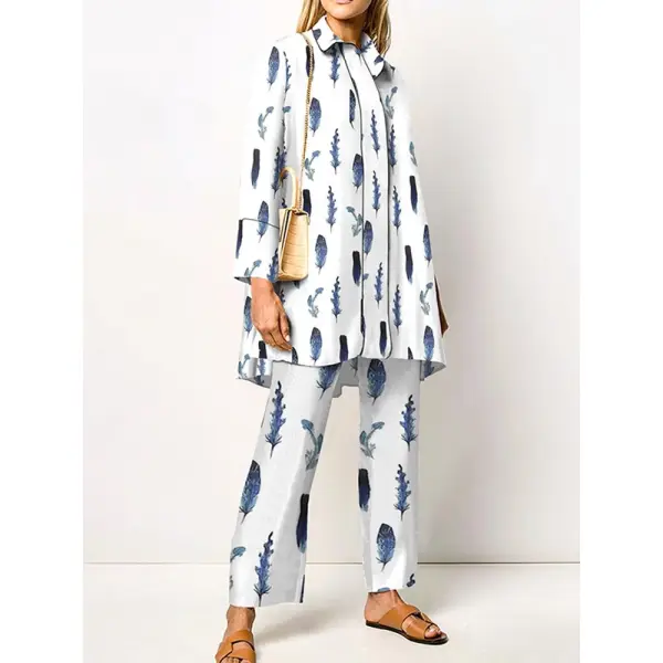 Women's Elegant Blue And White Printed Standing Collar Straight Loose Suit - Seeklit.com 