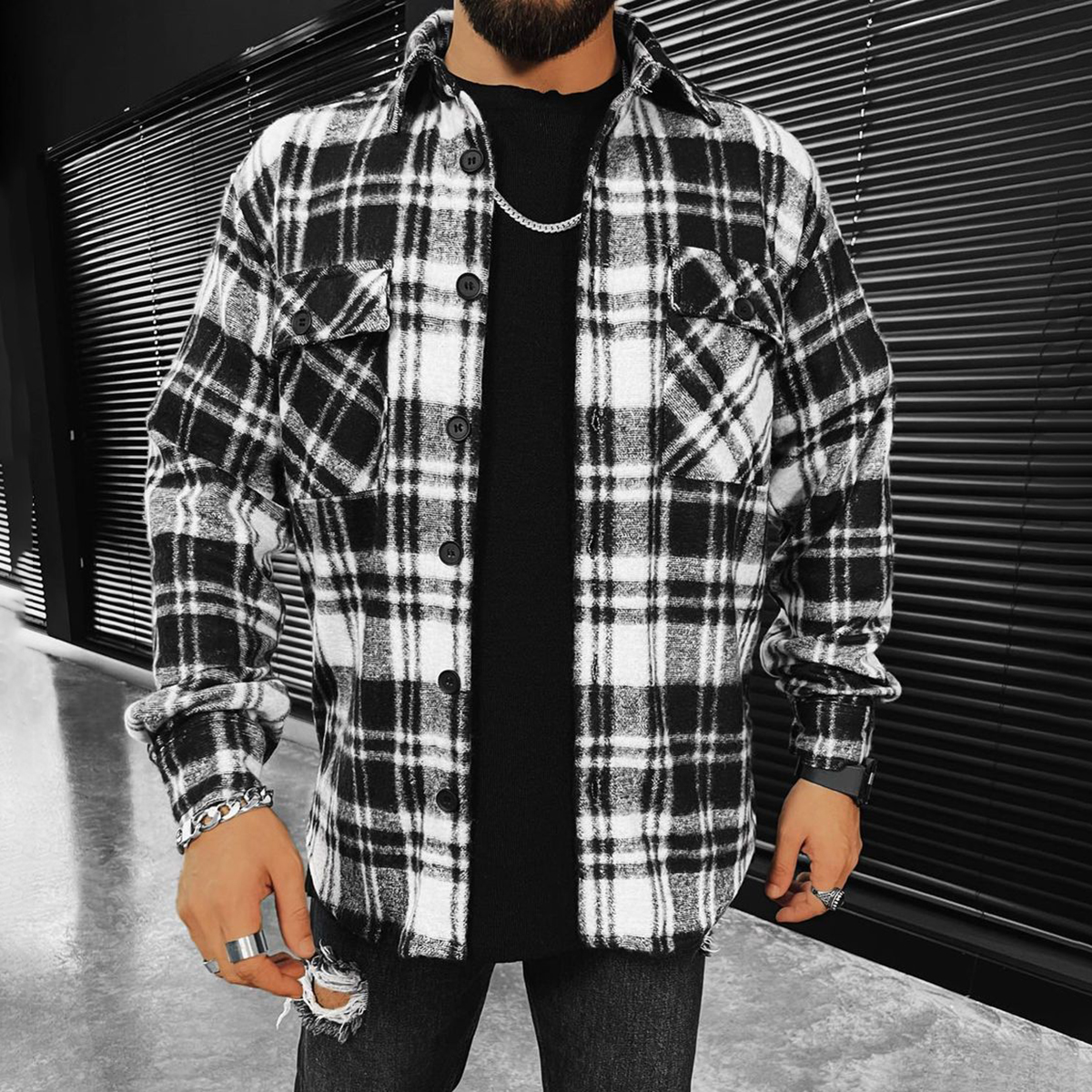 Men's Geometric Lattice Textured Pattern Long sleeved Shirt/jacket