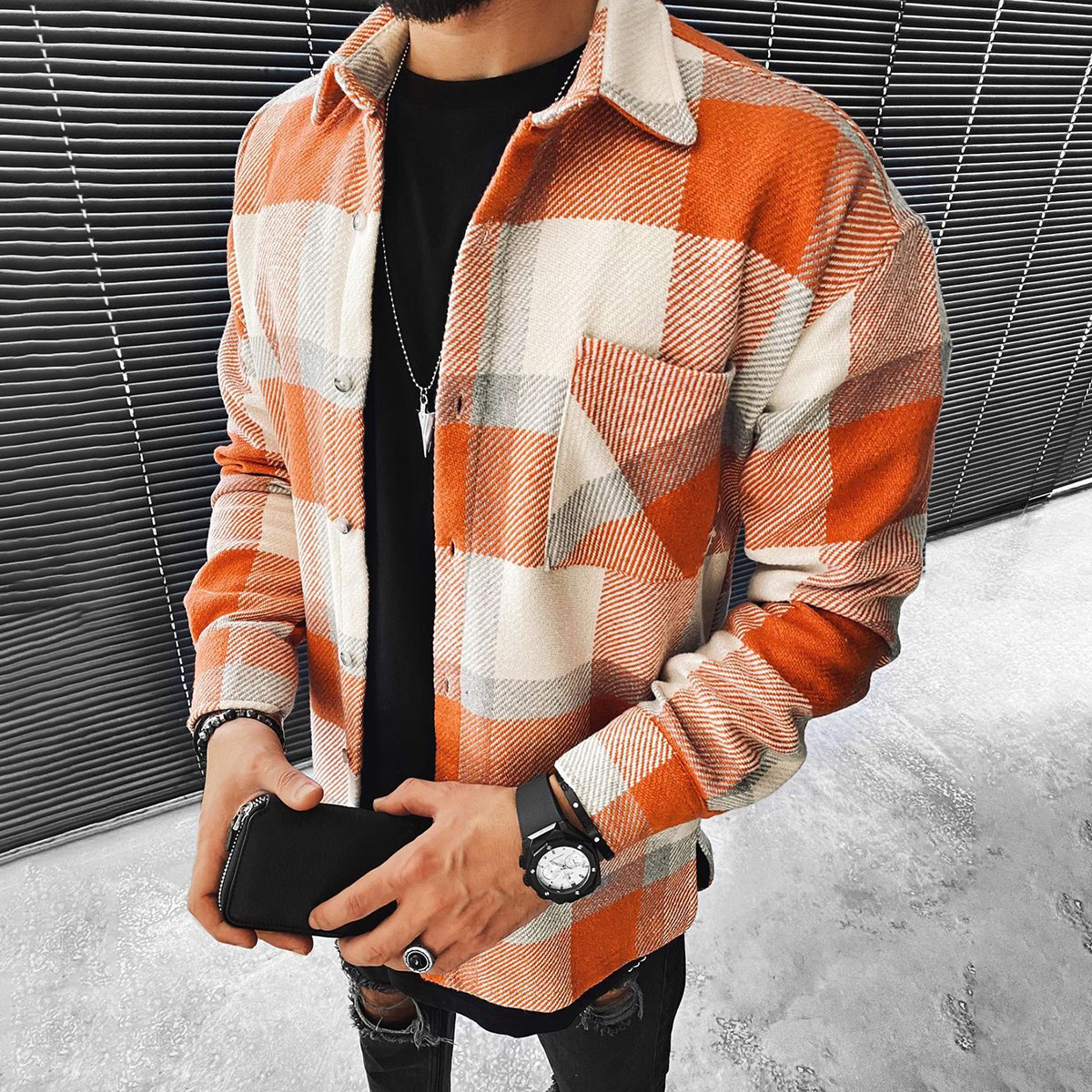 Men's Geometric Lattice Textured Pattern Long sleeved Shirt/jacket