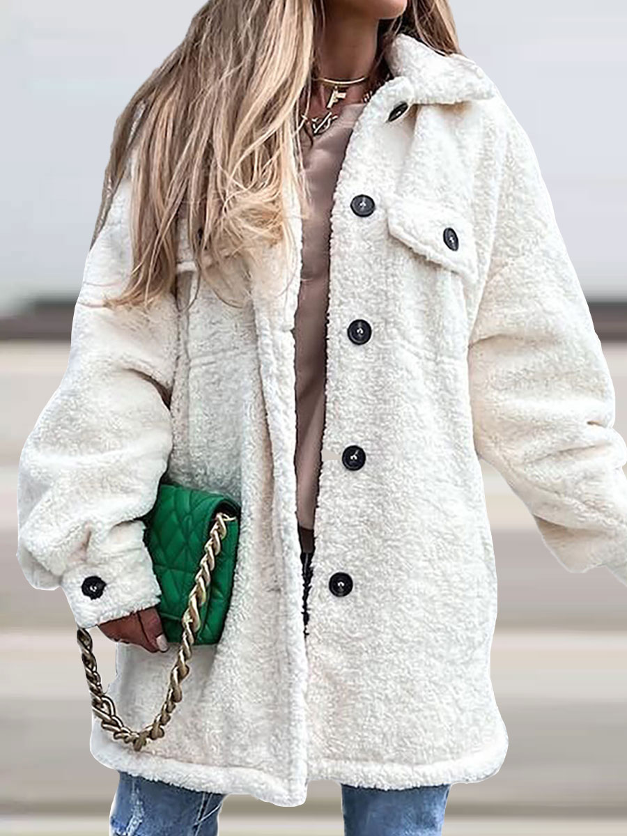 Casual Loose Solid Single breasted Lamb Wool Coat