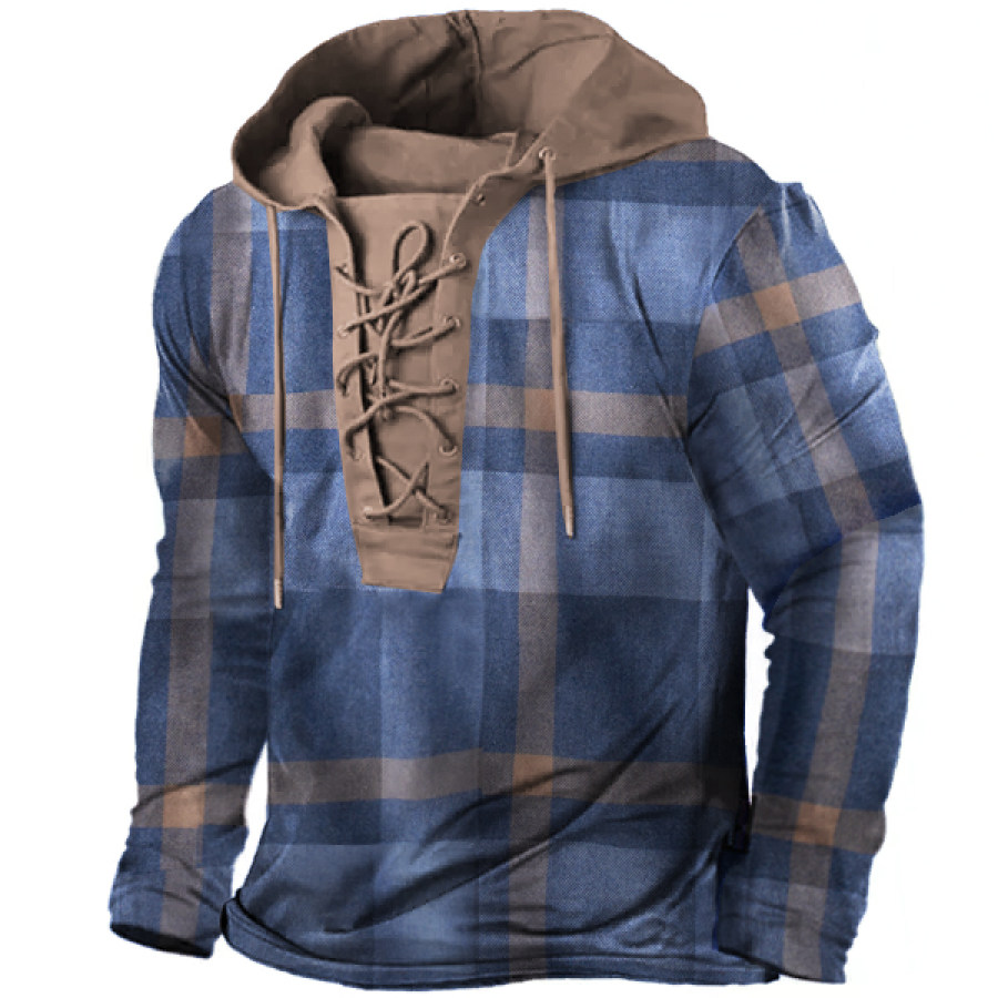 

Men's Outdoor Check Print Drawstring Hooded Long Sleeve T-Shirt