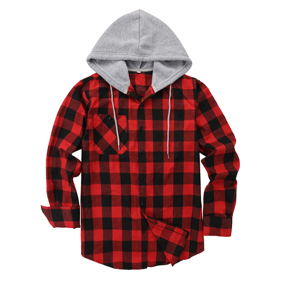 

Men's Outdoor Casual Red Classic Check Hooded Jacket