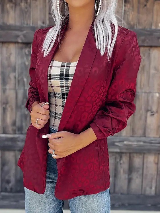 Women's Lapel Cheetah Print Long Sleeve Blazer Coat