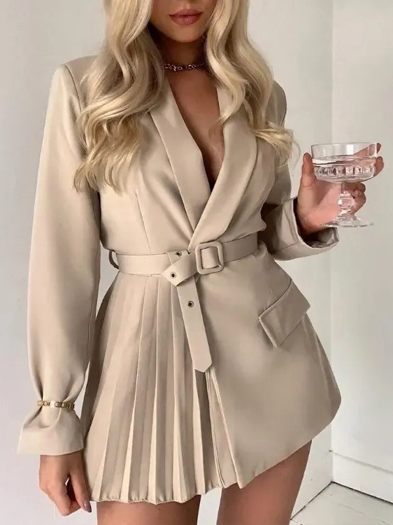 Women's Sexy Long Sleeve Pleated Detail Blazer With Belt