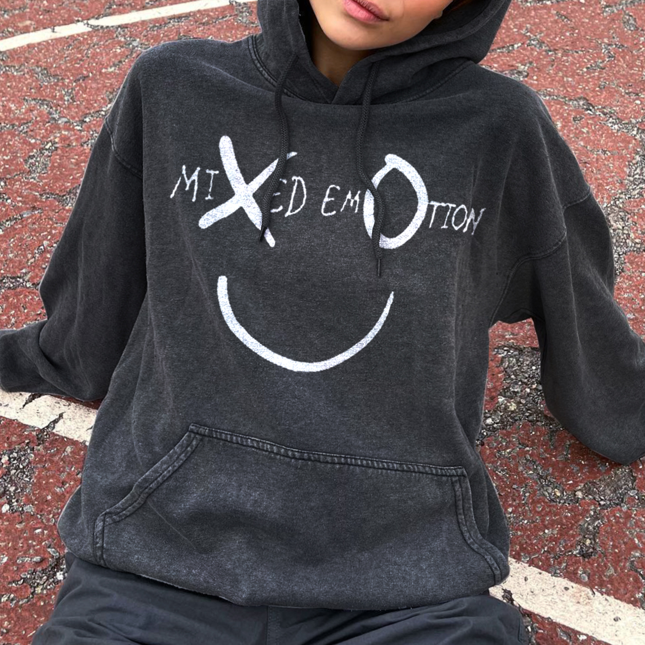 Unisex Oversized Retro Smiley Print Casual Hooded Sweatshirt