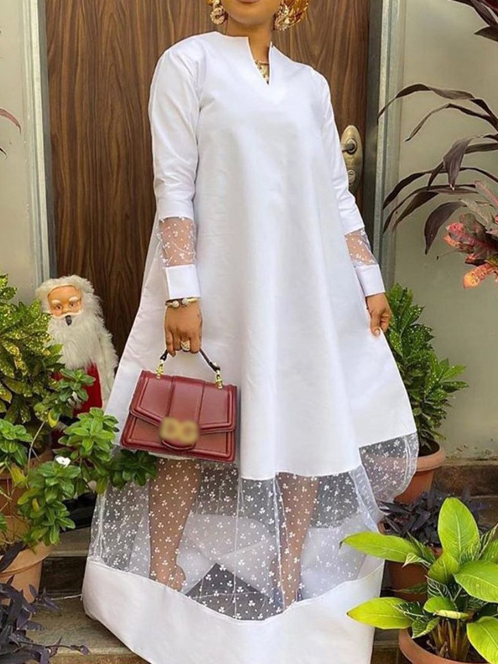 Women's Fashion Casual Floral Lace Paneled Long Sleeve Swing Dress