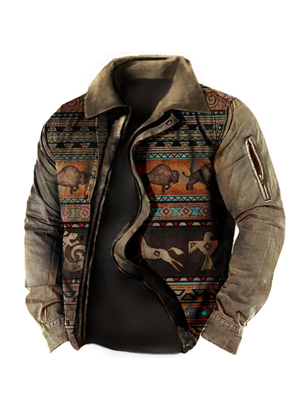 Men's Outdoor Ethnic Pattern Zipper Tactical Shirt Jacket