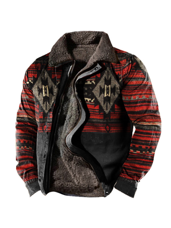 Men's Vintage Ethnic Print Fleece Zipper Tactical Shirt Jacket