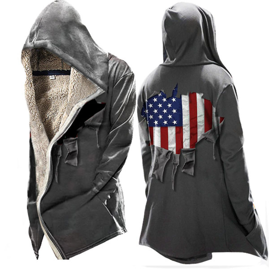 

Men's Vintage Ripped American Flag Print Hooded Fleece Jacket