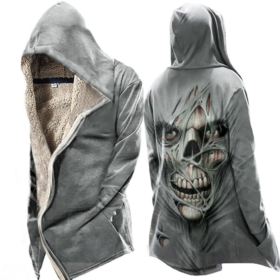 

Men's Outdoor Vintage Skull Print Tactical Lace-Up Hooded Fleece Jacket