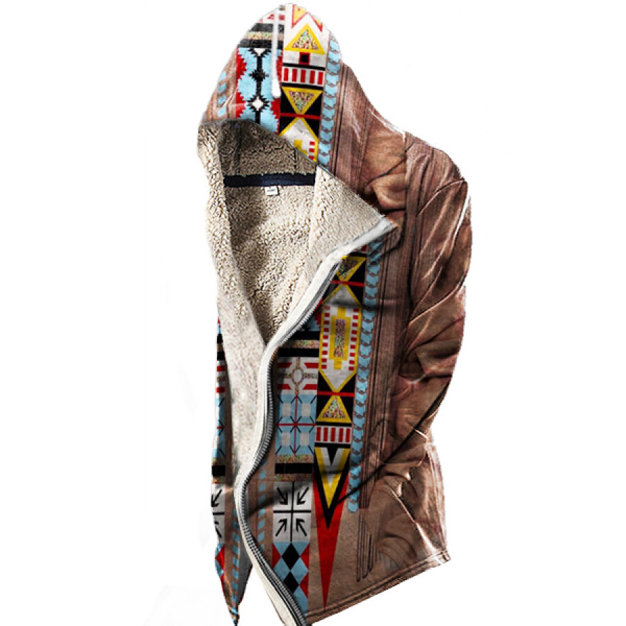 

Men's Vintage Ethnic Print Hooded Fleece Jacket