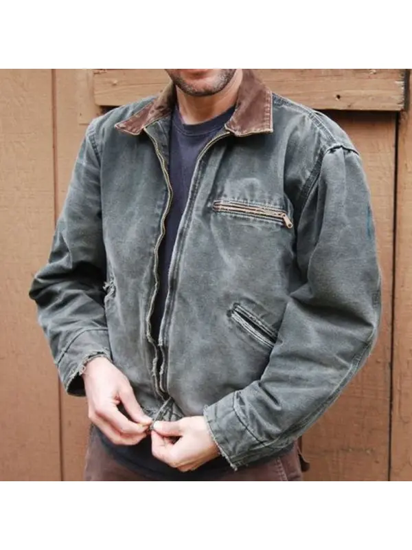 Mens Vintage Denim Fleece Jacket Coat - Ootdmw.com 
