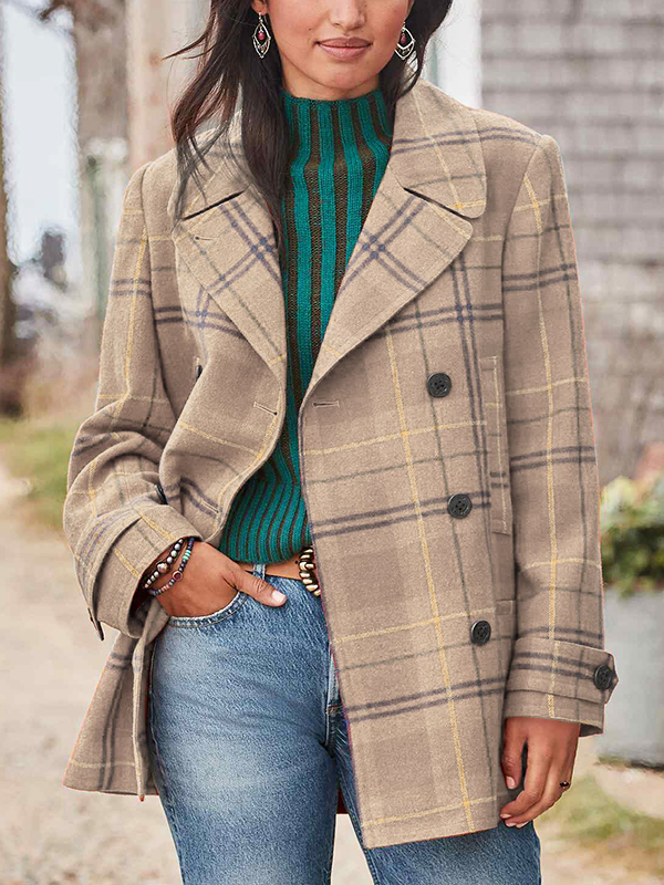 Women's Elegant Plaid Double Breasted Wool Blazer