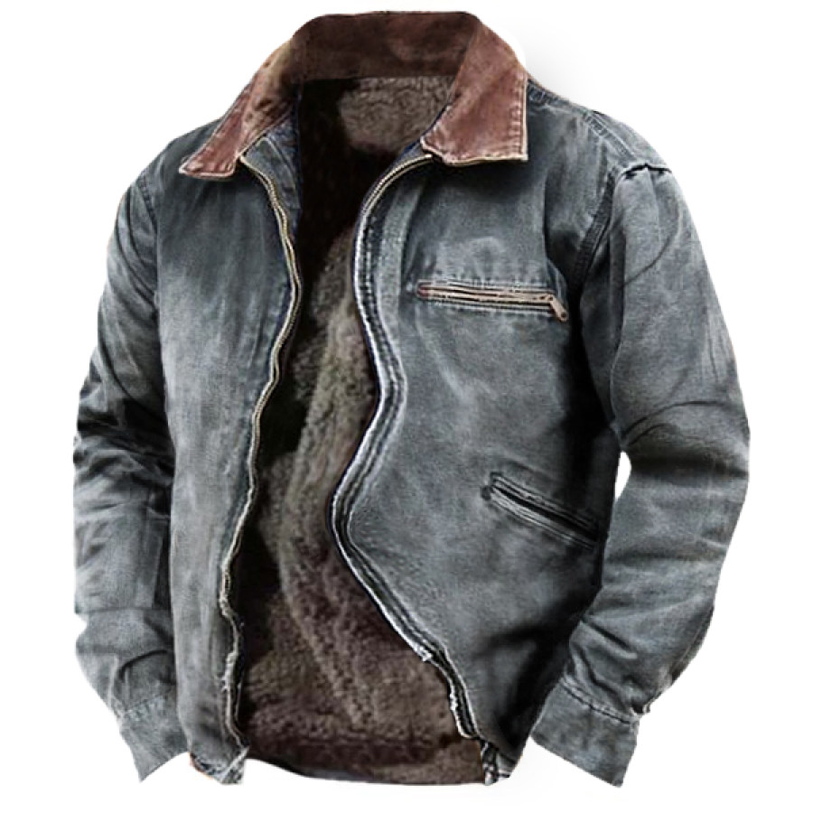 

Men's Faux Denim Print Fleece Lined Jacket With Zip Pockets