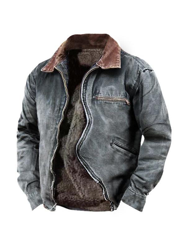 Men's Faux Denim Print Fleece Lined Jacket With Zip Pockets