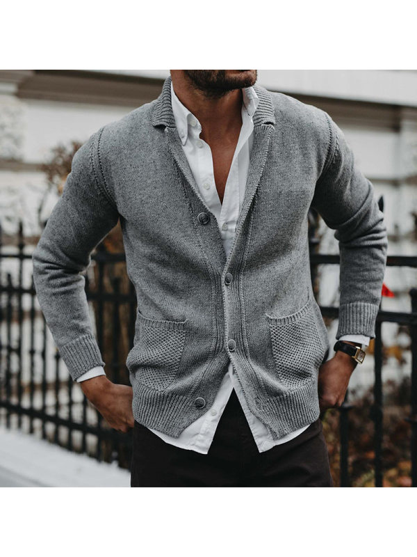 Men's Solid V-Neck Long Sleeve Pocket Knit Cardigan Jacket