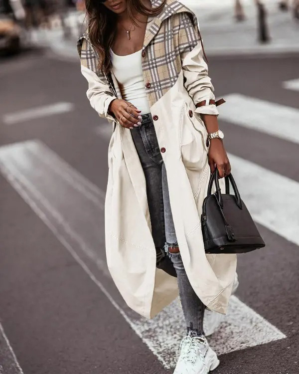 Women's Khaki Striped Plaid Contrast Long Trench Coat