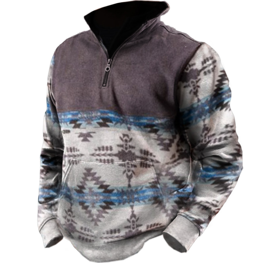 

Men's Ethnic Colorblock Print Polar Fleece Stand Collar Sweatshirt