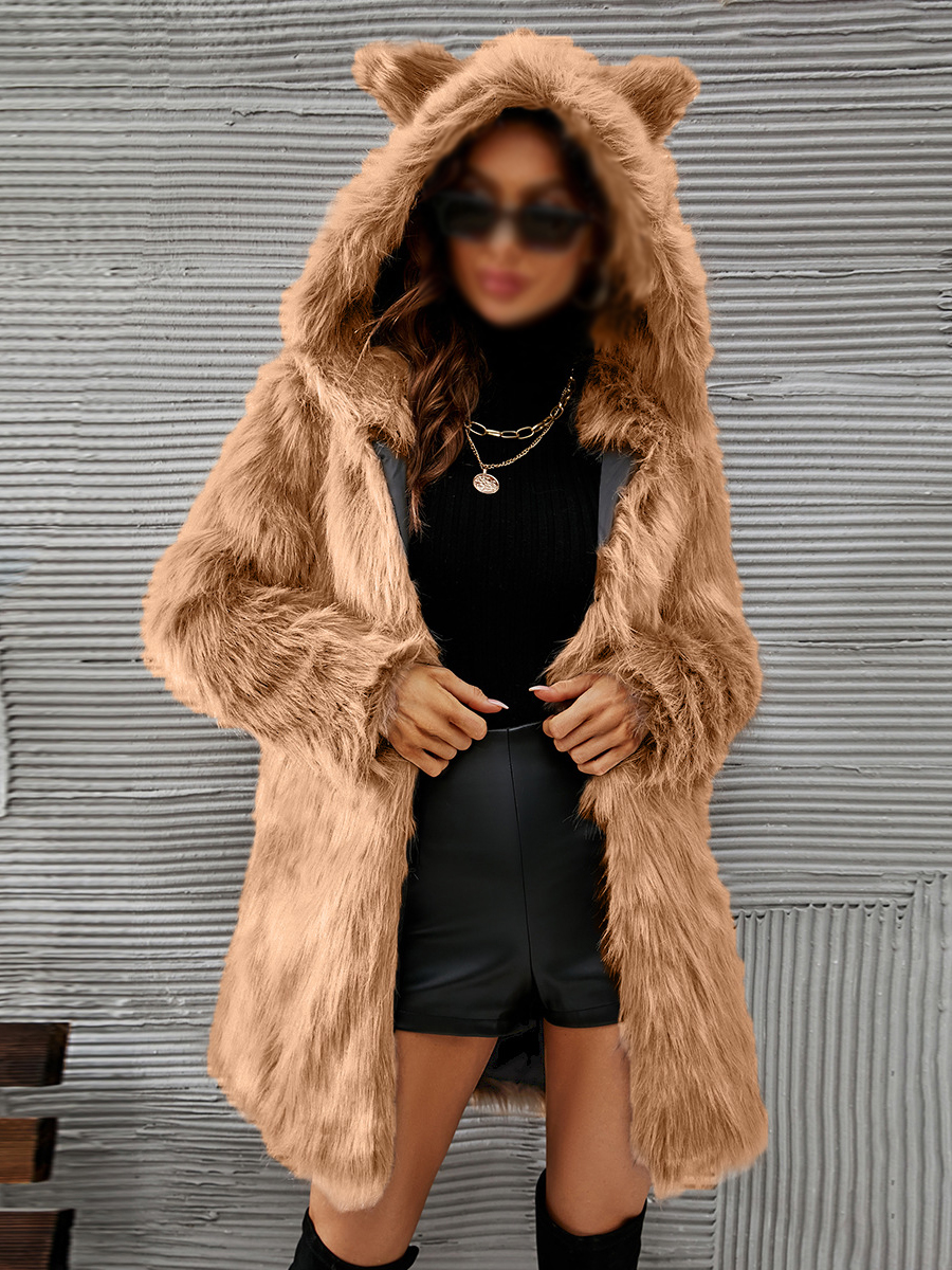 F0524 Cheng Juan's Foreign Trade Autumn And Winter New Products With Hooded Ears Mid length Faux Fur Coat Tops For Women's Cross border